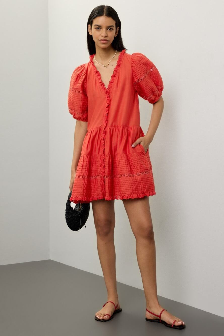 SEA NEW YORK Red 100% Cotton Antonina Puff Sleeve V-Neck Midi Dress Size Small